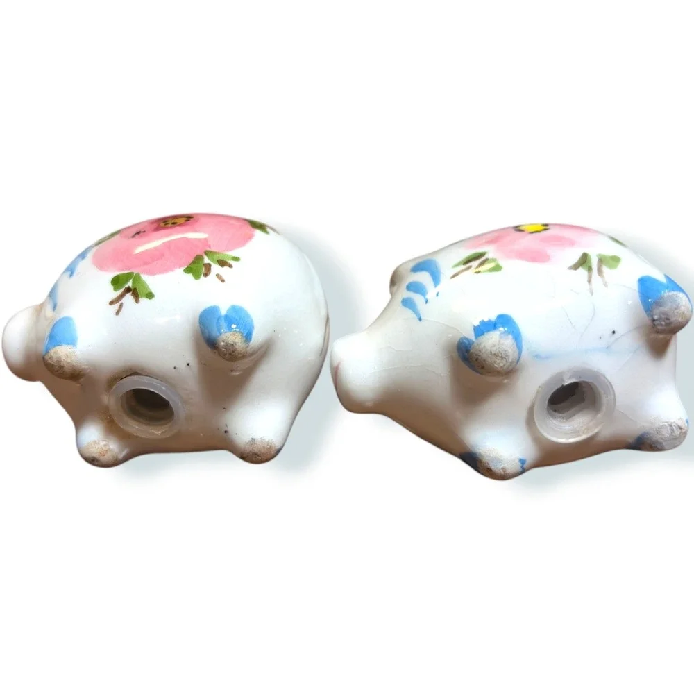 Vintage Style Micro Ceramic Piggy Salt and Pepper Shakers Pink Floral Set